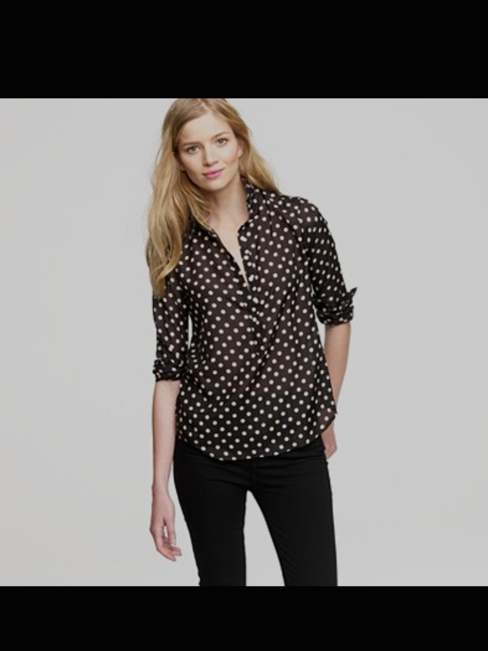 J. Crew Black Tan Polka Dot Long-Sleeve Popover Lightweight Silk Blouse Size 6